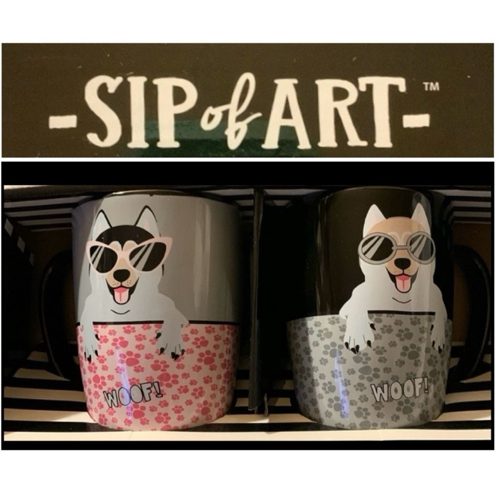 🎄🎯 SIP OF ART Pounce & Fetch Furry Friends Ceramic Dog Mug Set Gift Box